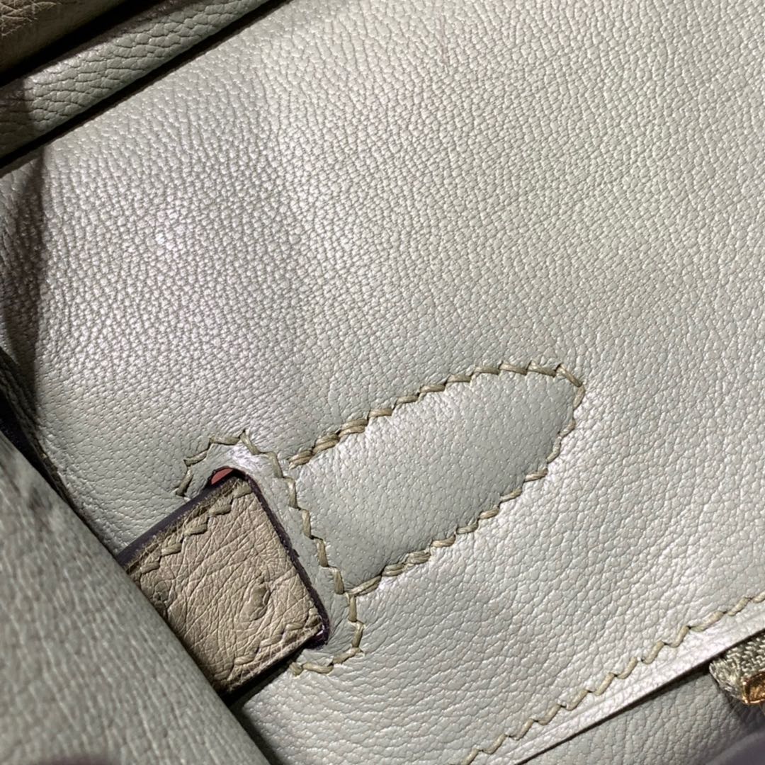 现货 Hermes Birkin30CM 爱马仕新到现货灰鼠绿南非鸵鸟皮铂金包 金扣