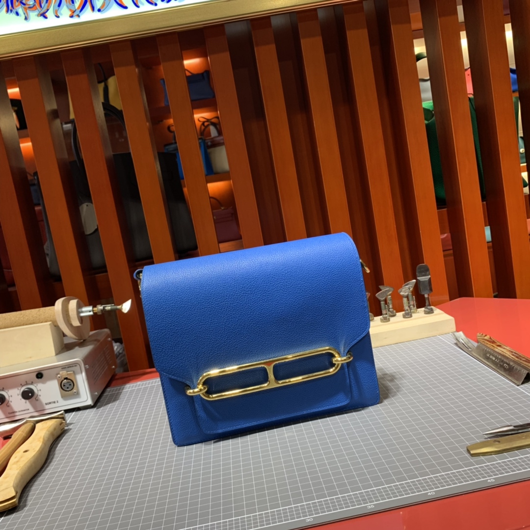 现货 Hermes Roulis24CM 爱马仕猪鼻子包 7Q希腊蓝原厂Evercolor牛皮 金银扣