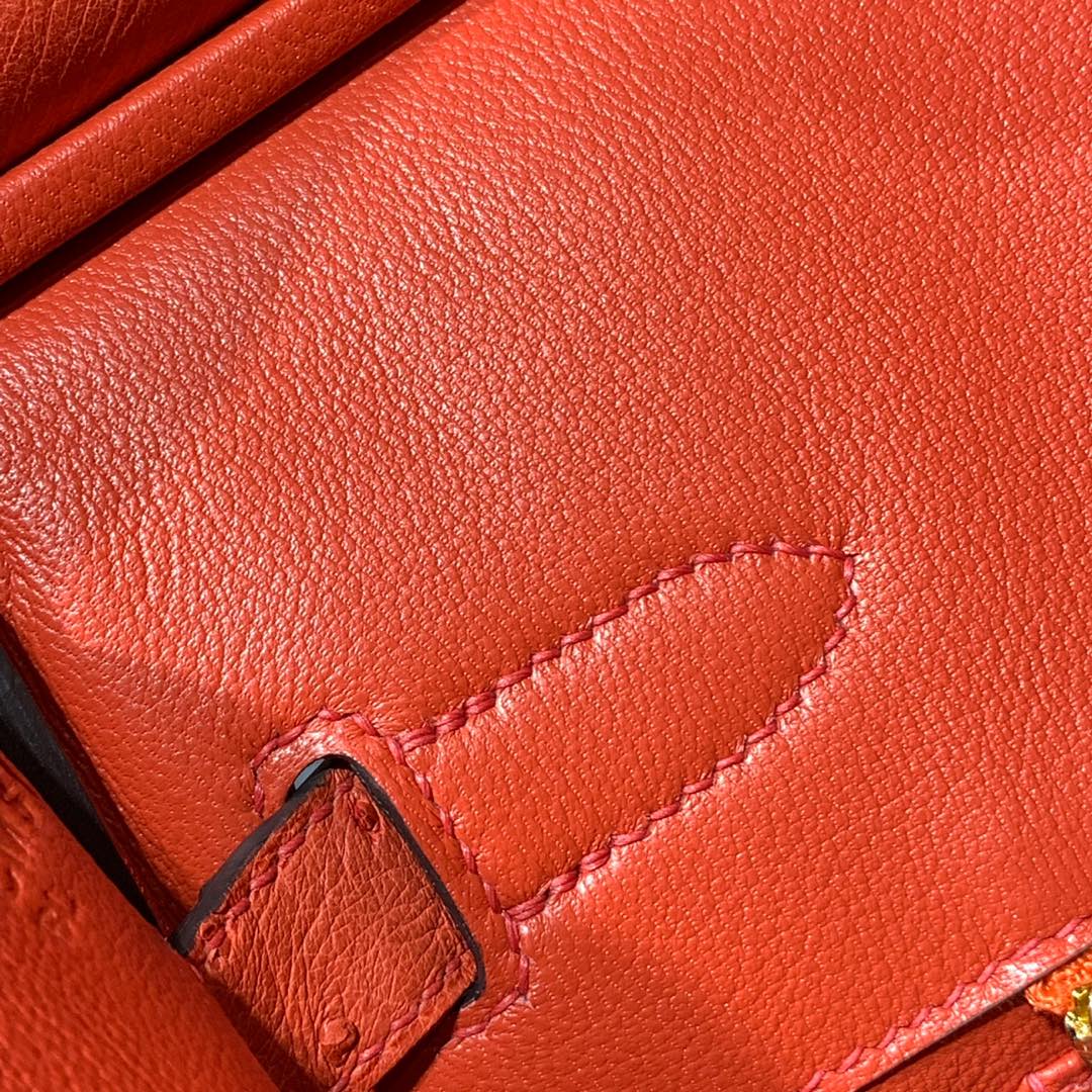 现货 Hermes Birkin30CM 爱马仕蕃茄红南非鸵鸟皮铂金包 金扣