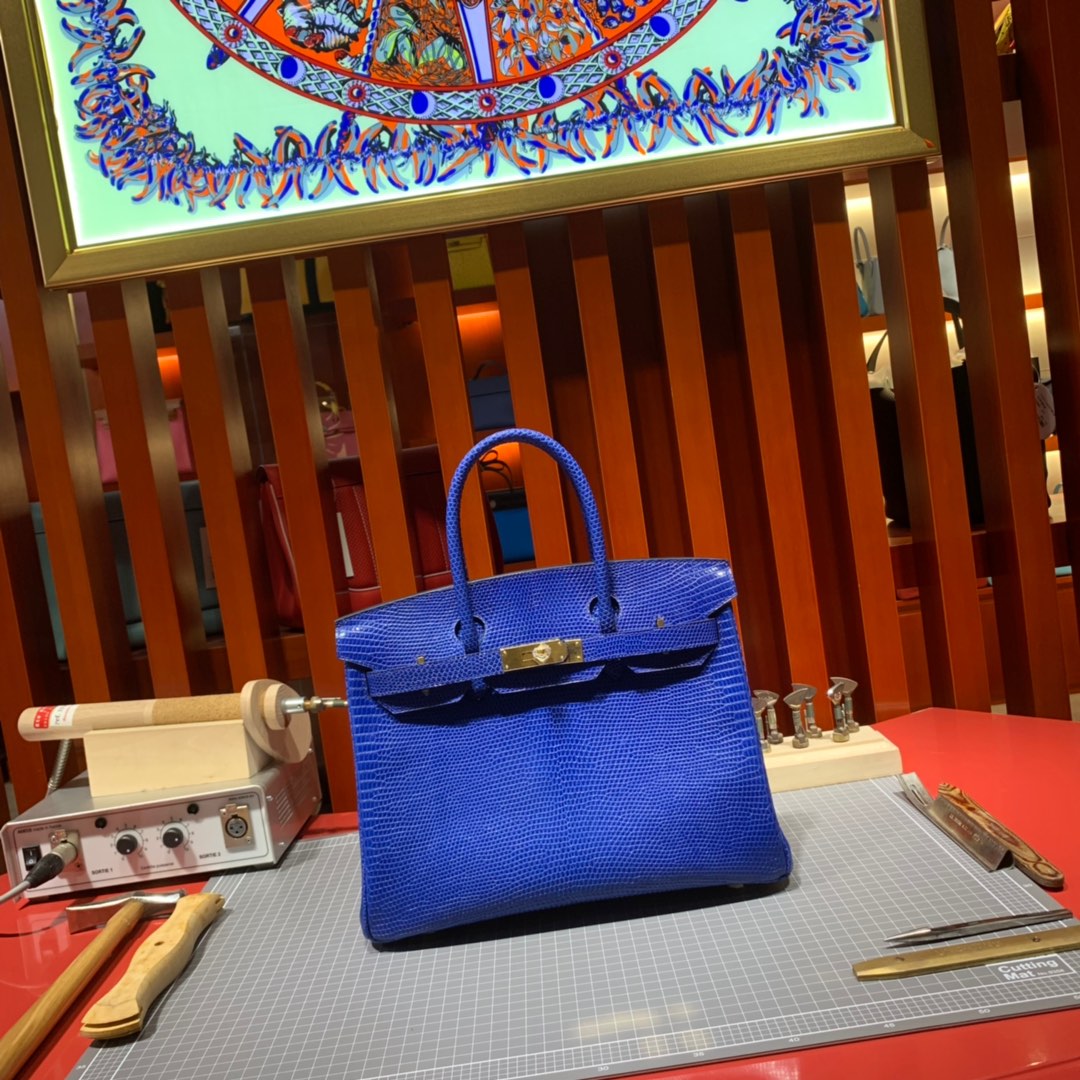 爱马仕铂金包价格 Hermes Birkin30CM 电光蓝蜥蜴皮Birkin包包 金扣