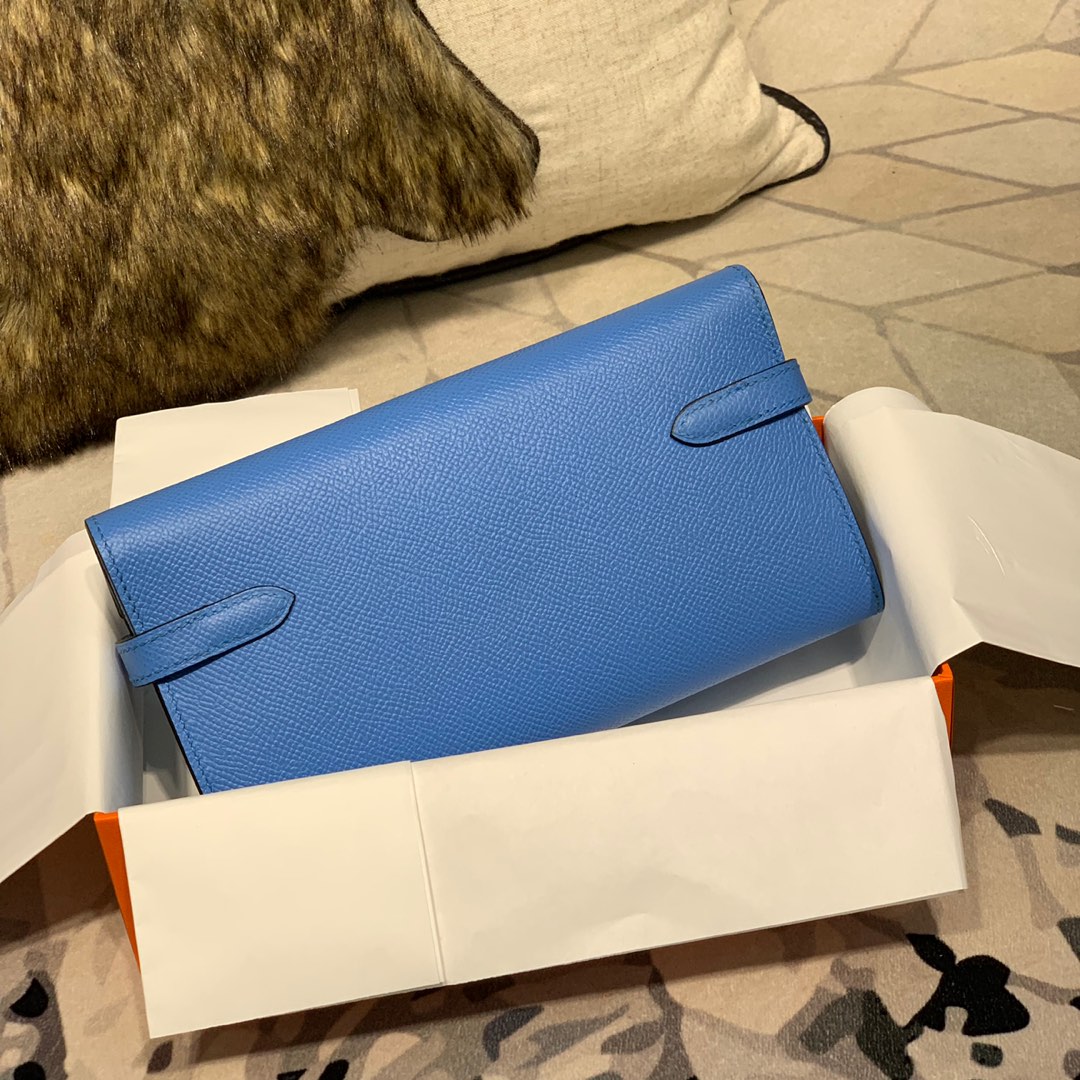 现货 爱马仕凯莉钱包 Hermes Kelly Wallet 7Q希腊蓝Epsom牛皮 金扣