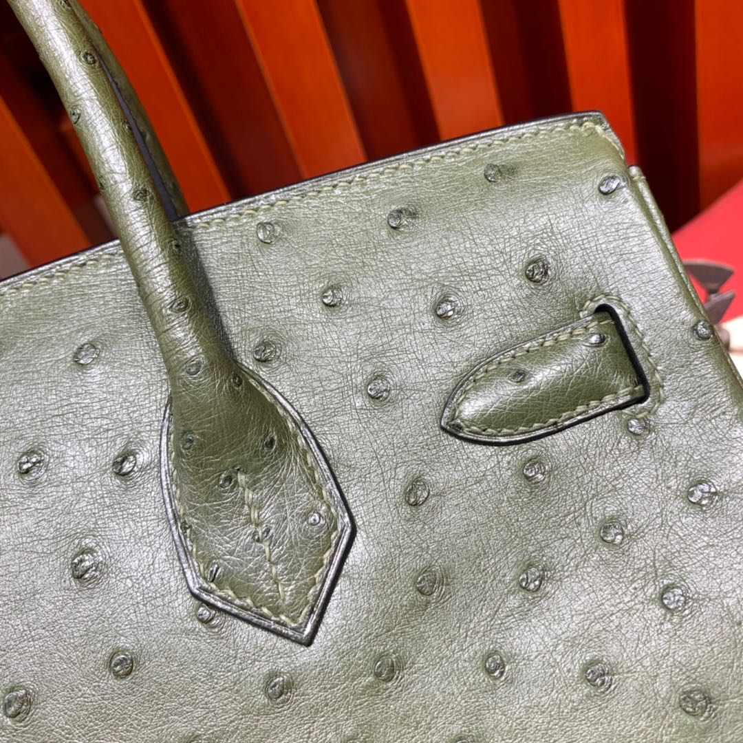 现货 Hermes女包定制 爱马仕丛林绿南非鸵鸟皮铂金包Birkin30CM 金扣