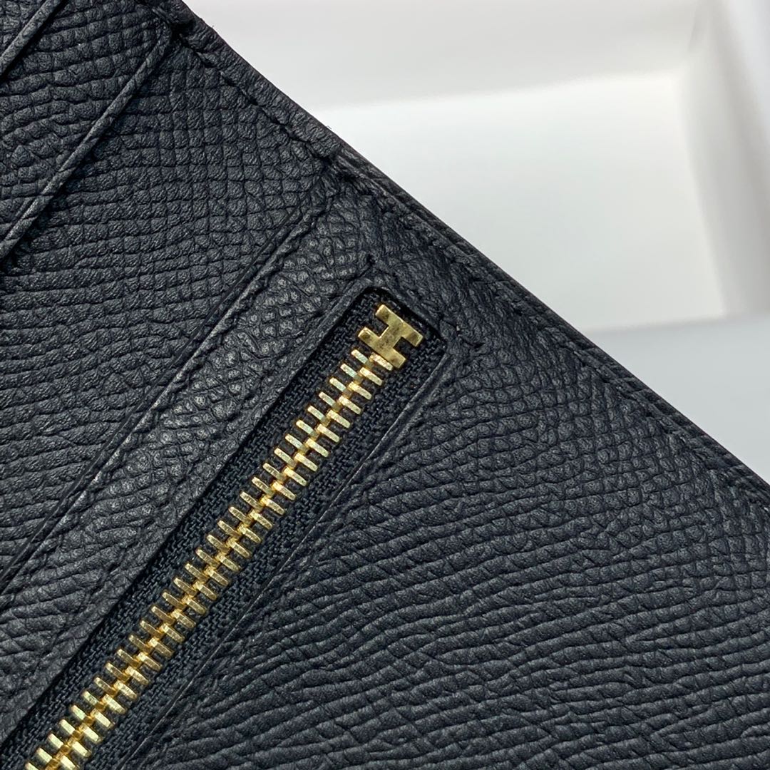 现货 爱马仕钱包价格 Hermes89黑色Epsom牛皮Bearn短款钱夹 金扣