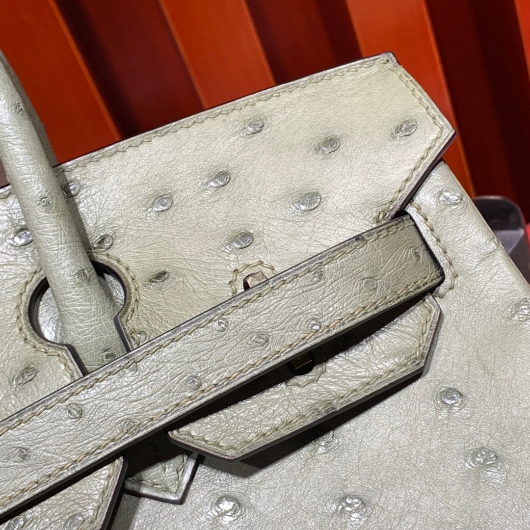 现货 Hermes Birkin30CM 爱马仕新到现货灰鼠绿南非鸵鸟皮铂金包 金扣