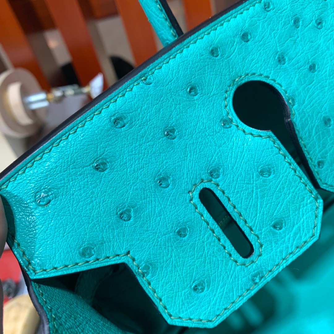 现货 爱马仕铂金包价格 Hermes Birkin30CM 薄荷绿南非鸵鸟皮铂金包 金扣