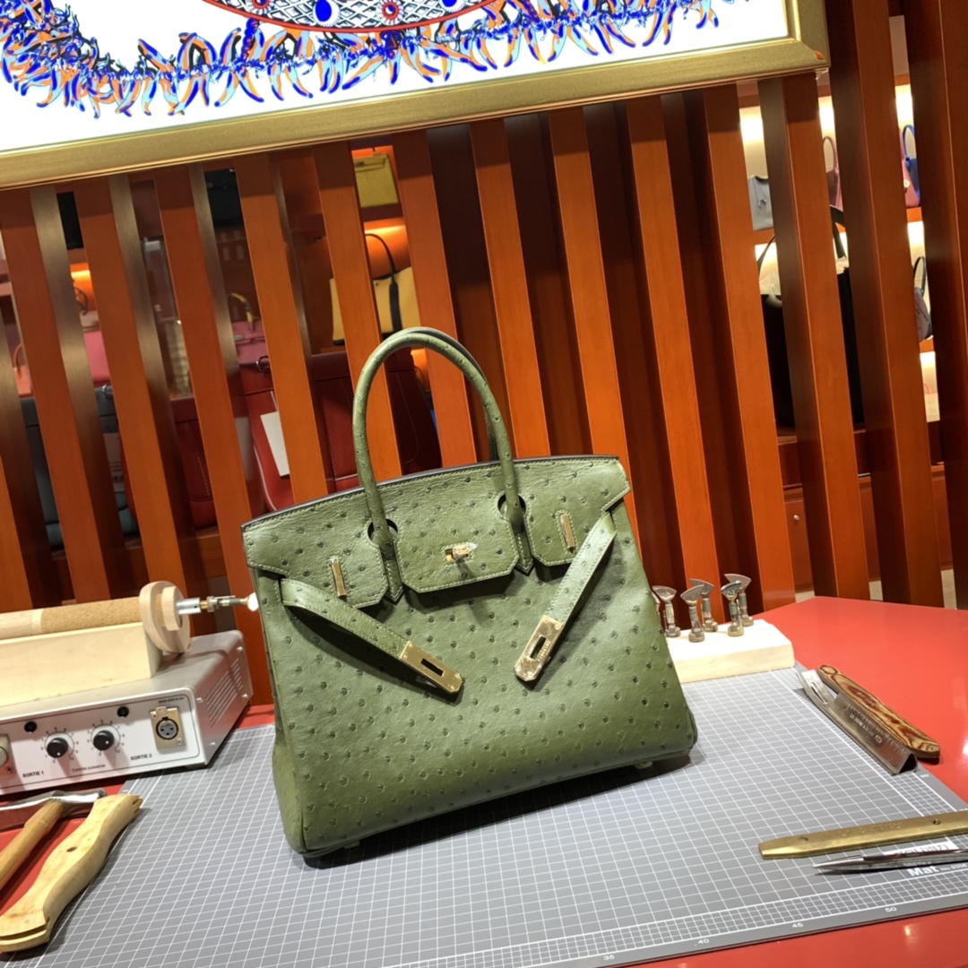 现货 Hermes女包定制 爱马仕丛林绿南非鸵鸟皮铂金包Birkin30CM 金扣