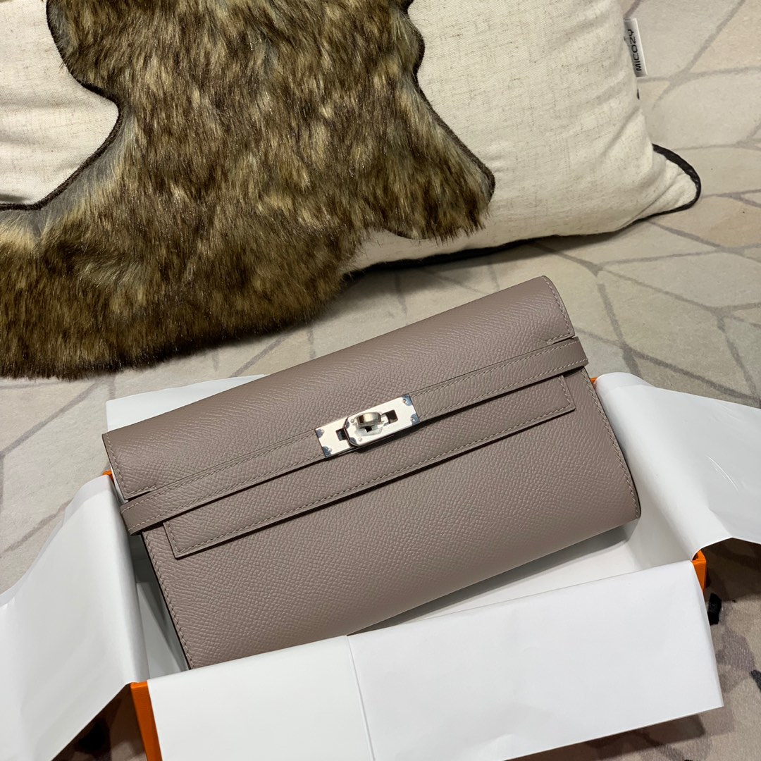 现货 爱马仕凯莉钱夹 Hermes Kelly Wallet M8沥青灰epsom牛皮 银扣