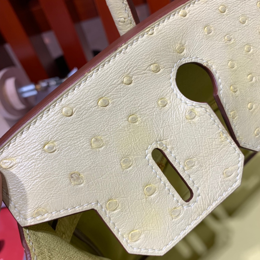 现货 爱马仕Birkin包包 Hermes鹅蛋黄南非鸵鸟皮Birkin30铂金包 金扣