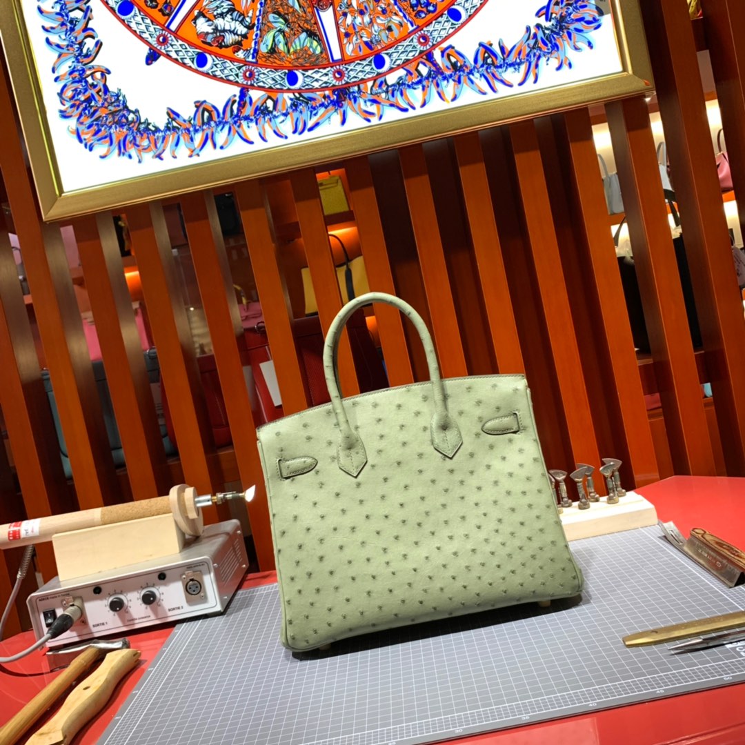 现货 Hermes Birkin30CM 爱马仕新到现货灰鼠绿南非鸵鸟皮铂金包 金扣
