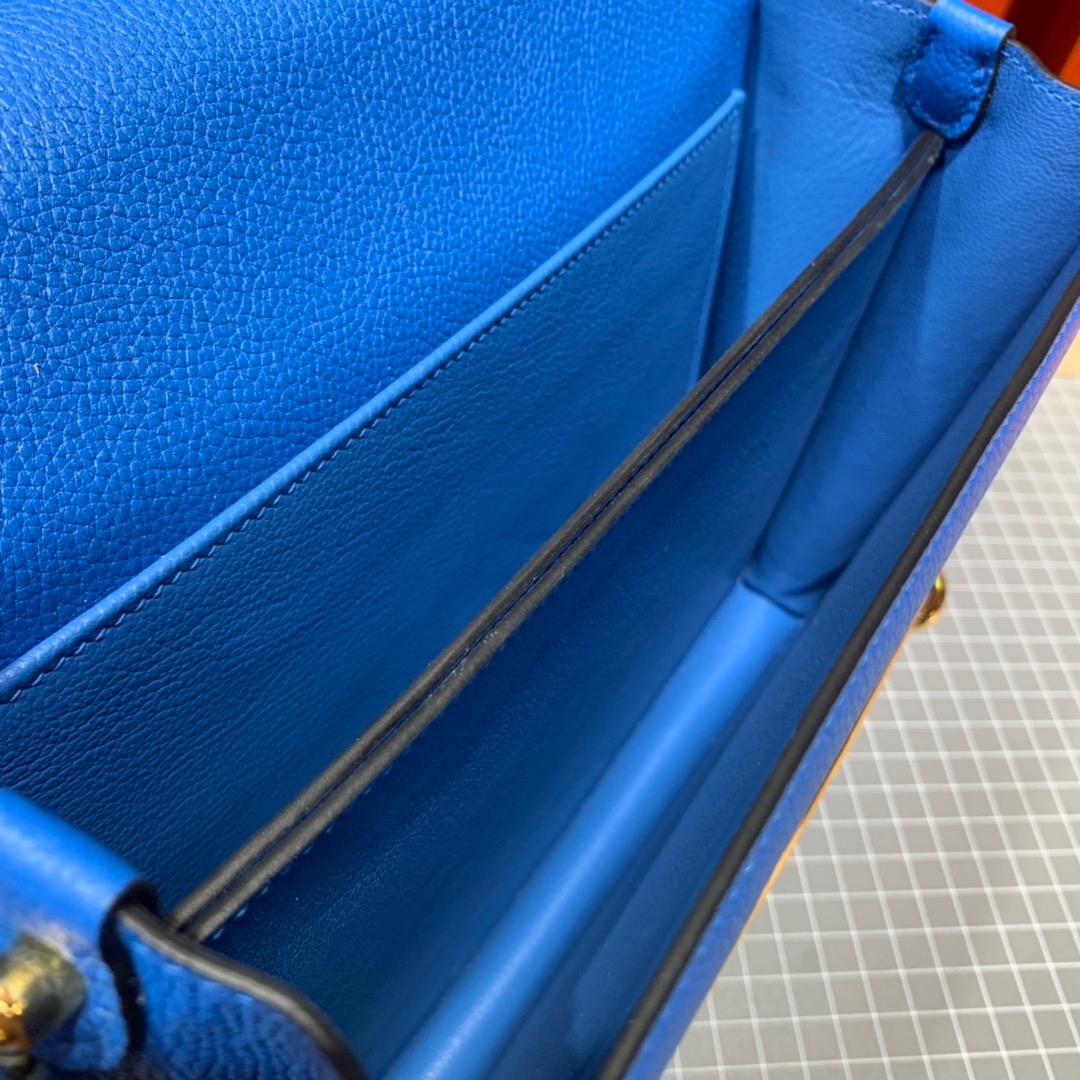 现货 Hermes Roulis24CM 爱马仕猪鼻子包 7Q希腊蓝原厂Evercolor牛皮 金银扣