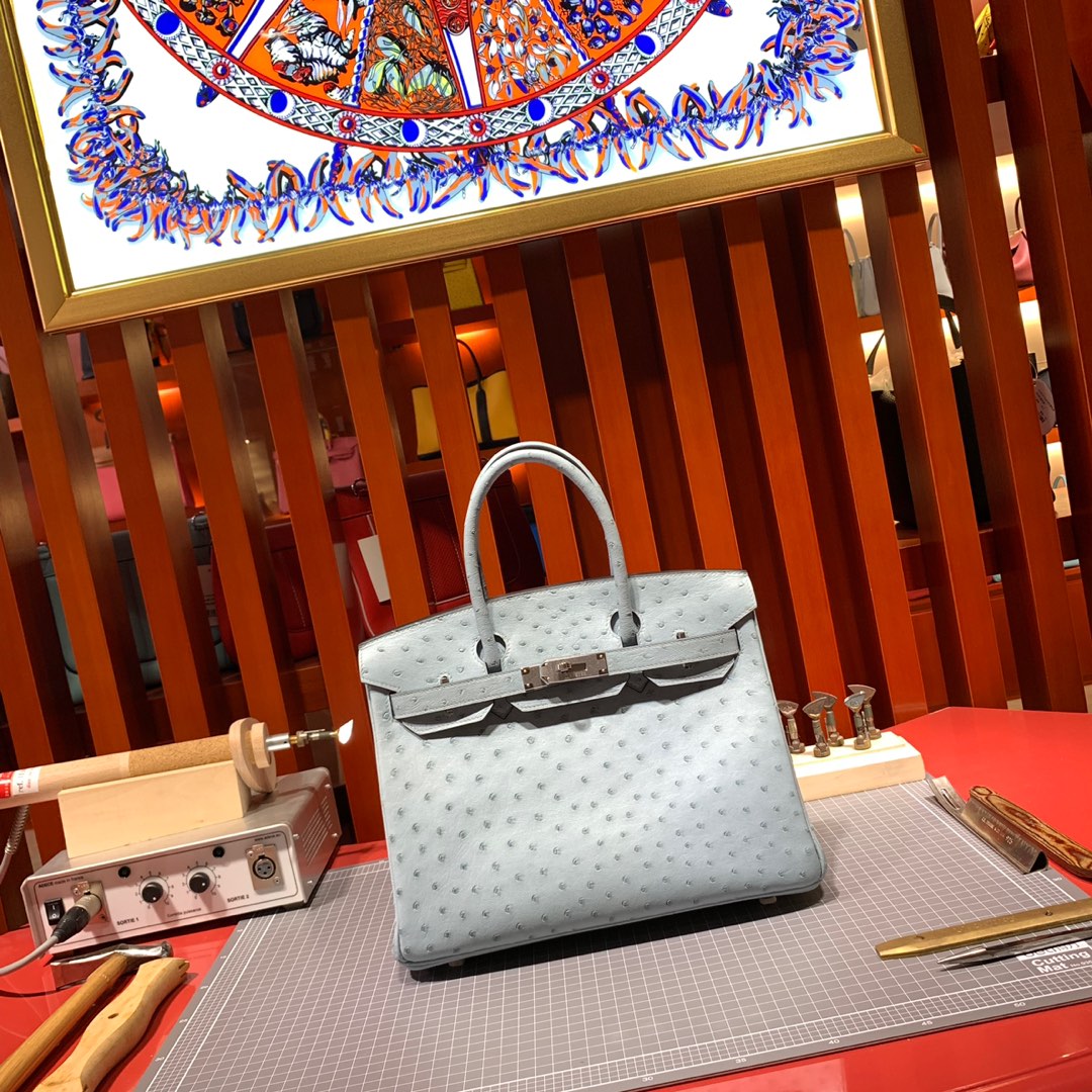 现货 爱马仕鸵鸟皮铂金包 Hermes南非鸵鸟皮Birkin30CM 冰川蓝 金扣