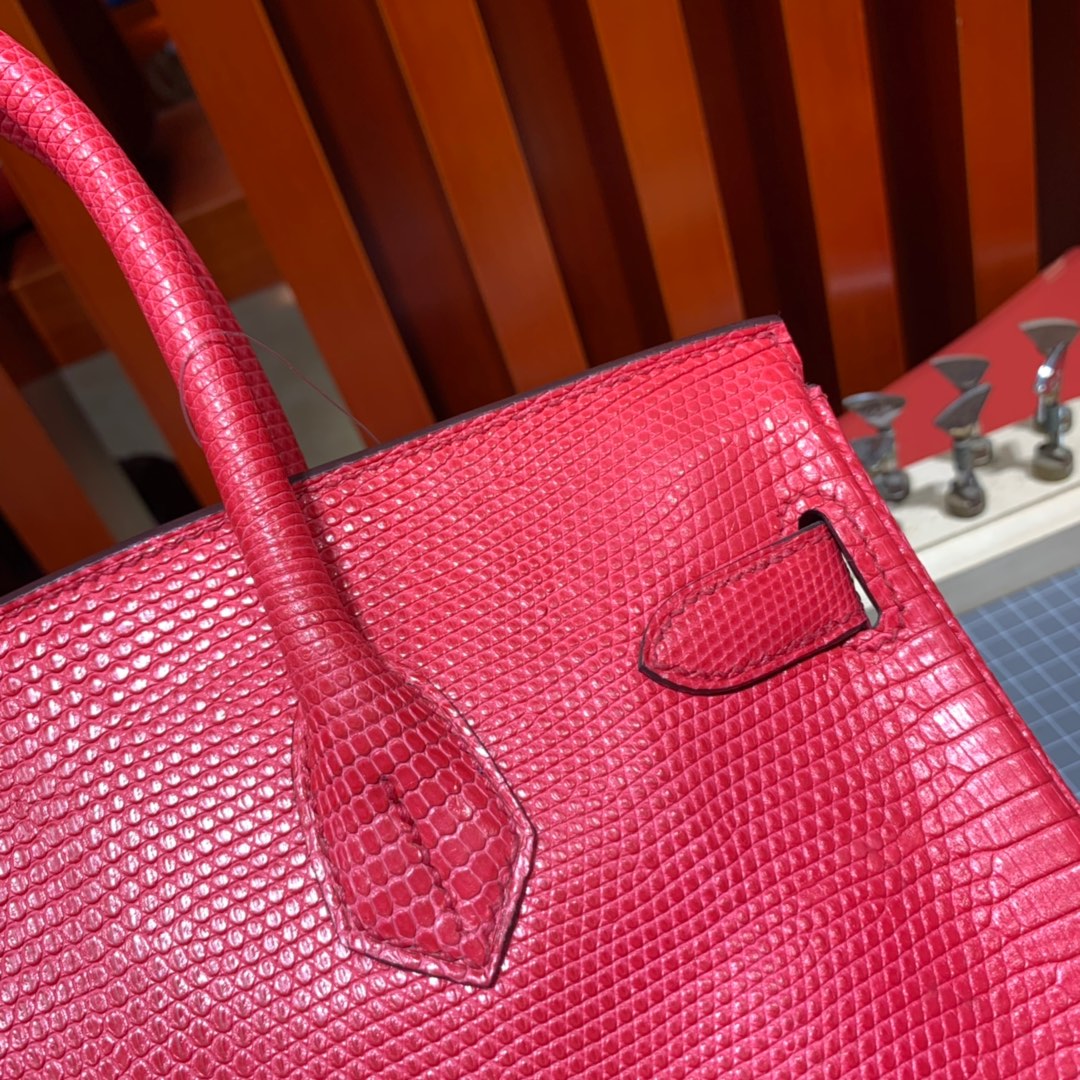 爱马仕铂金包价格 Hermes Birkin30CM 西瓜红蜥蜴皮Lizard 金扣