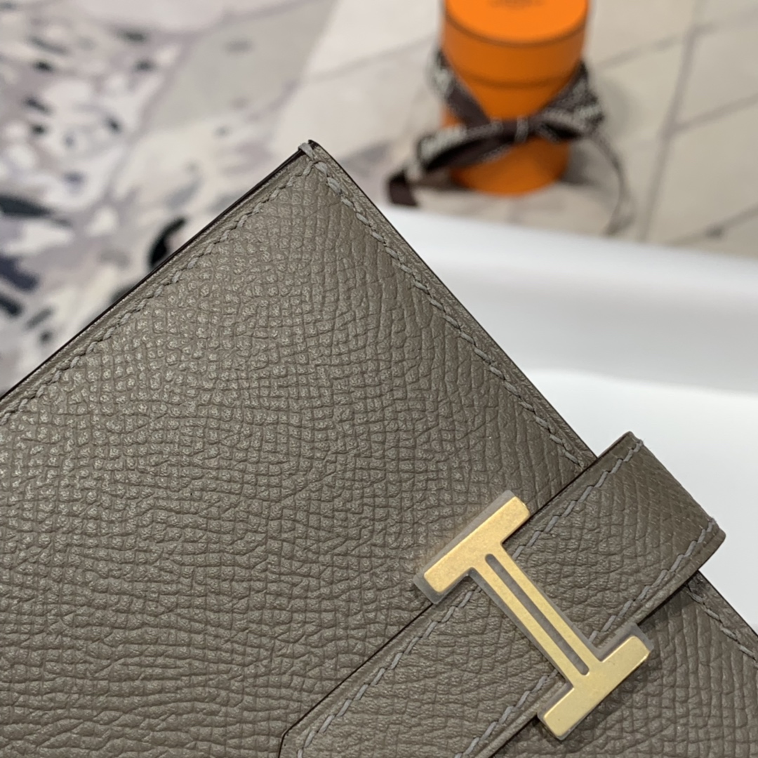 现货 Hermes Bearn 爱马仕m8沥青灰epsom牛皮Bearn短款钱夹 金扣