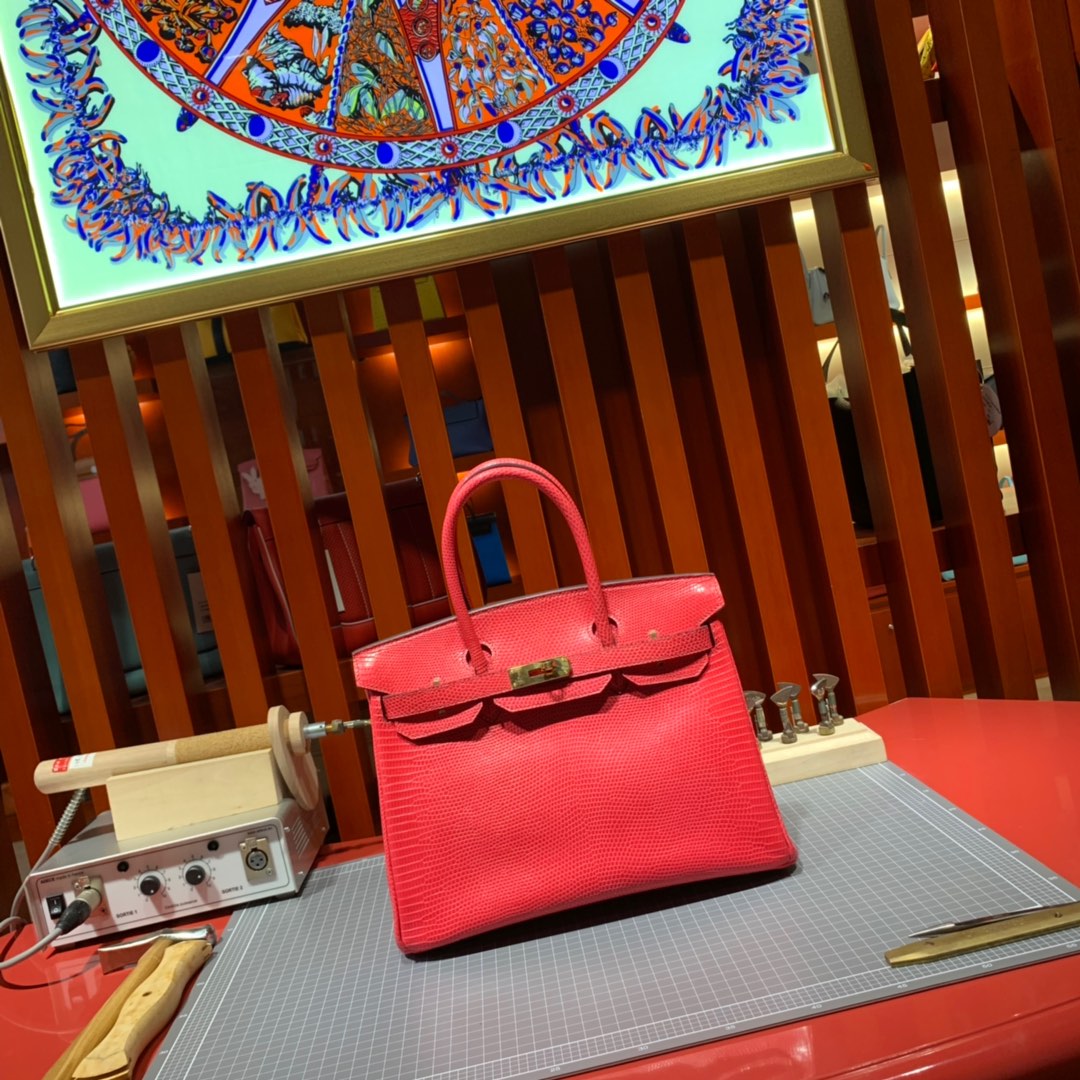 爱马仕铂金包价格 Hermes Birkin30CM 西瓜红蜥蜴皮Lizard 金扣