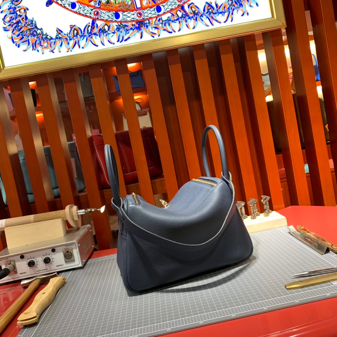 现货 爱马仕拼色琳迪包 Hermes Lindy30CM 宝石蓝拼沥青灰Togo牛皮 金扣