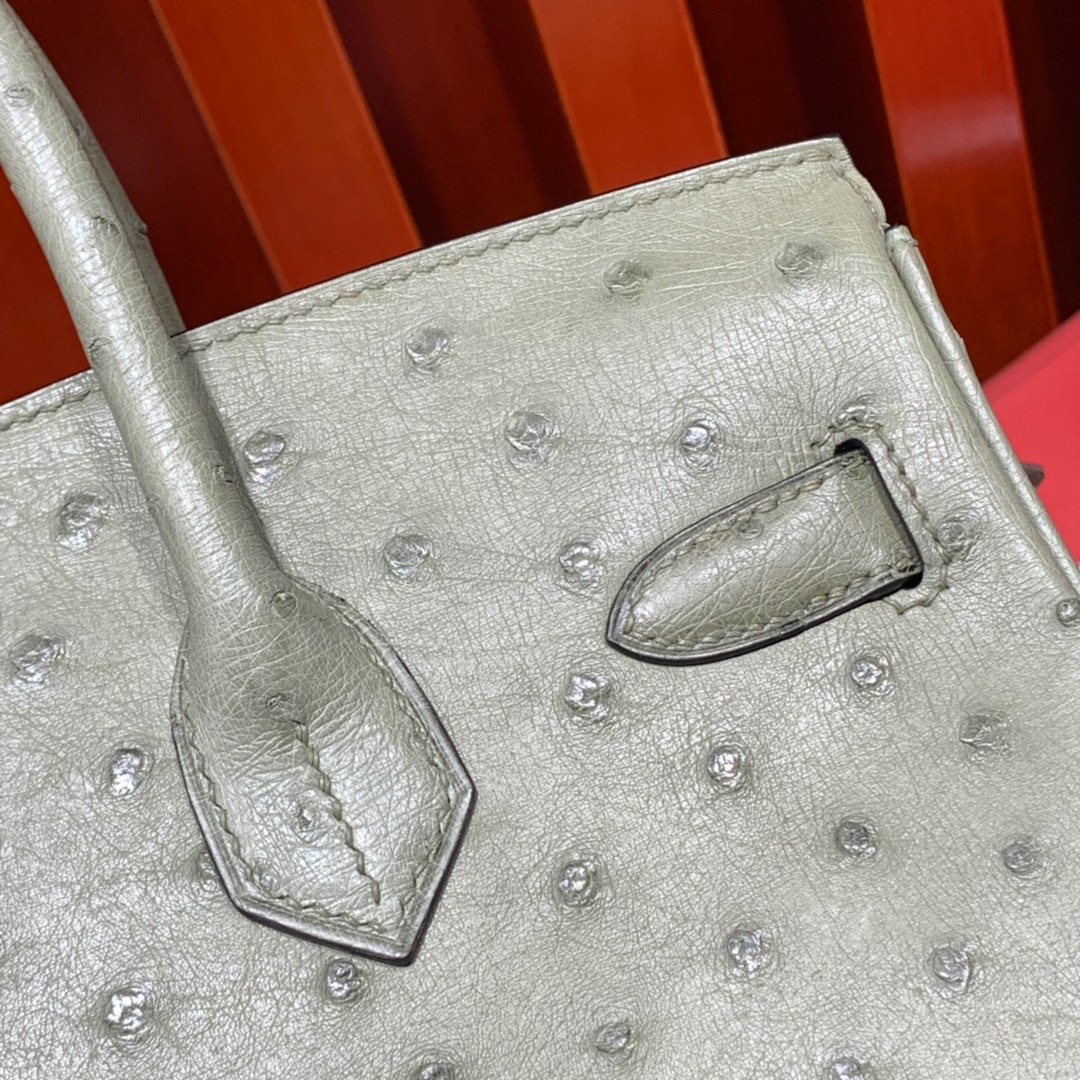 现货 Hermes Birkin30CM 爱马仕新到现货灰鼠绿南非鸵鸟皮铂金包 金扣