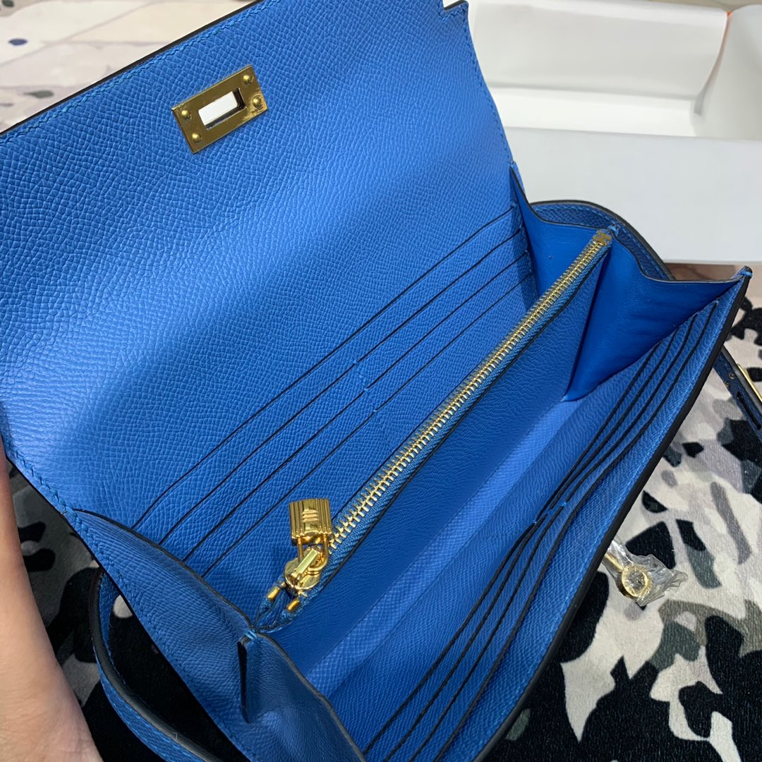 现货 爱马仕凯莉钱包 Hermes Kelly Wallet 7Q希腊蓝Epsom牛皮 金扣