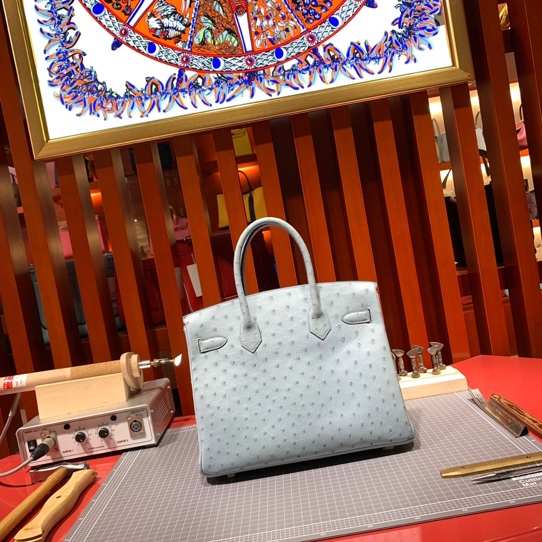 现货 爱马仕鸵鸟皮铂金包 Hermes南非鸵鸟皮Birkin30CM 冰川蓝 金扣
