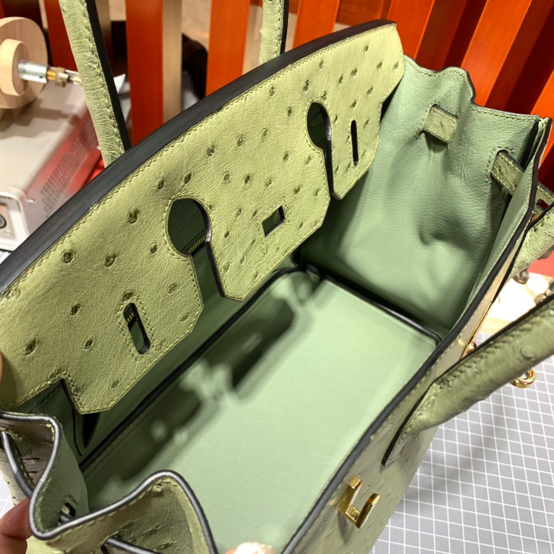 现货 Hermes Birkin30CM 爱马仕新到现货灰鼠绿南非鸵鸟皮铂金包 金扣