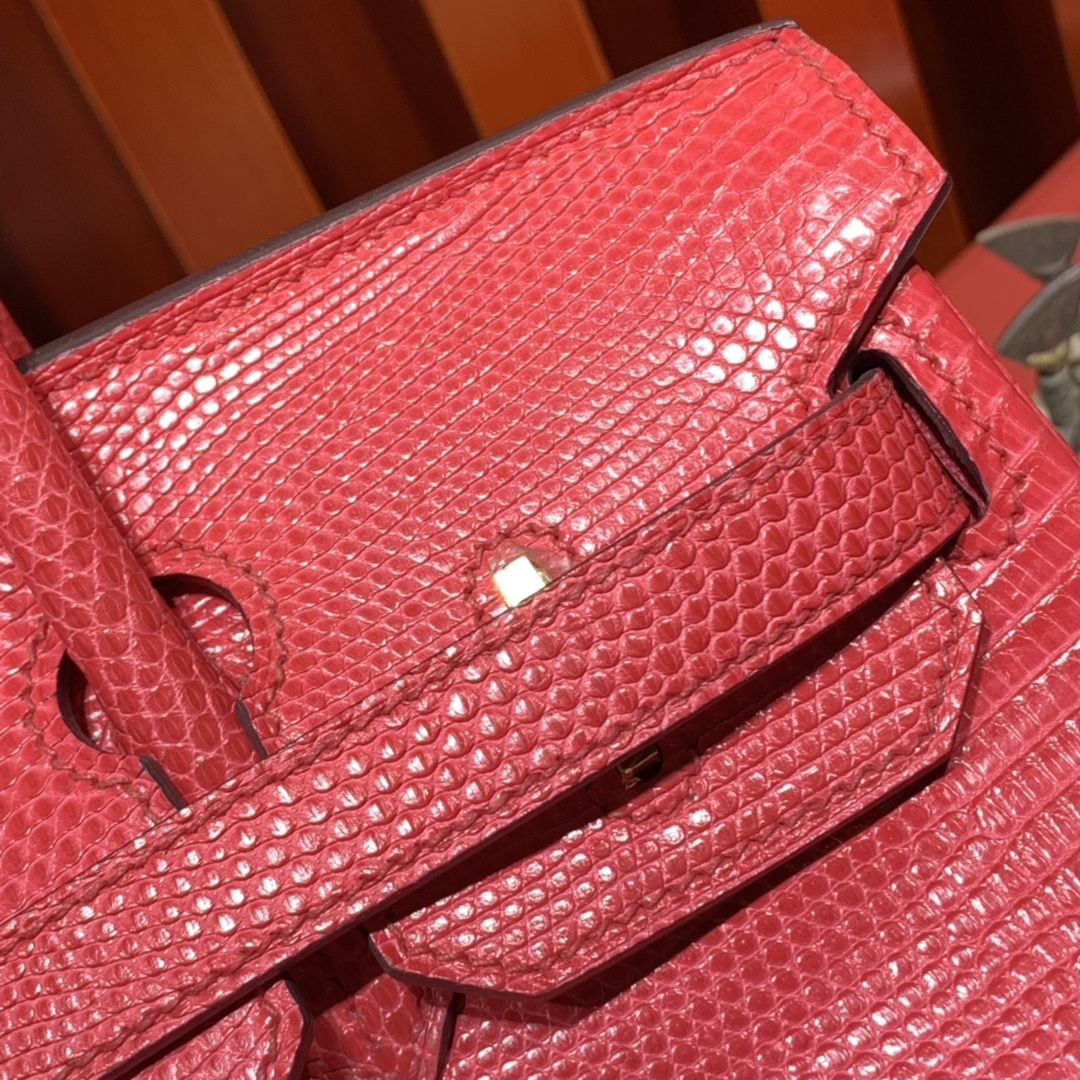 爱马仕铂金包价格 Hermes Birkin30CM 西瓜红蜥蜴皮Lizard 金扣