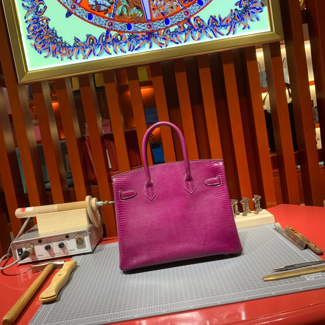纯手工缝制 Hermes爱马仕玫紫色原厂蜥蜴皮铂金包Birkin30CM 银扣