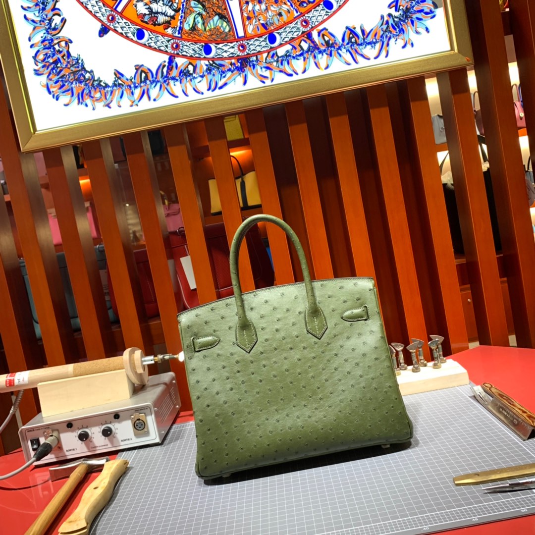 现货 Hermes女包定制 爱马仕丛林绿南非鸵鸟皮铂金包Birkin30CM 金扣