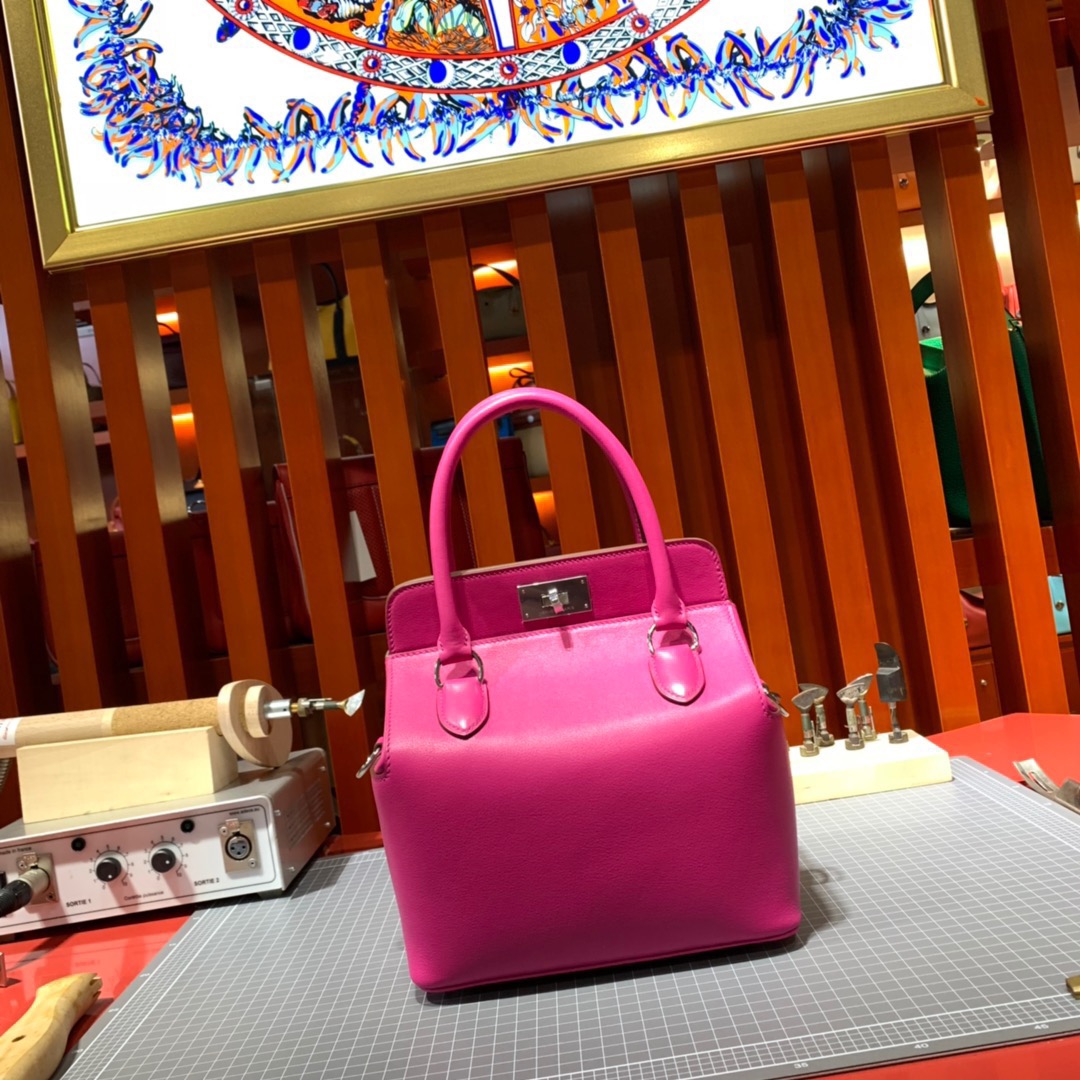爱马仕手提包 Hermes Toolbox L3玫瑰紫Swift牛皮牛奶包20CM 银扣