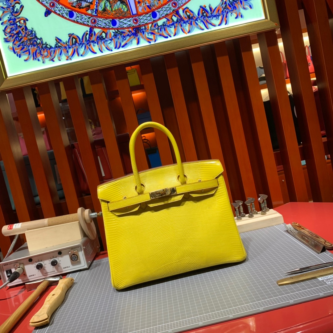 Hermes包包官网 爱马仕柠檬黄进口蜥蜴皮铂金包Birkin30CM 金扣