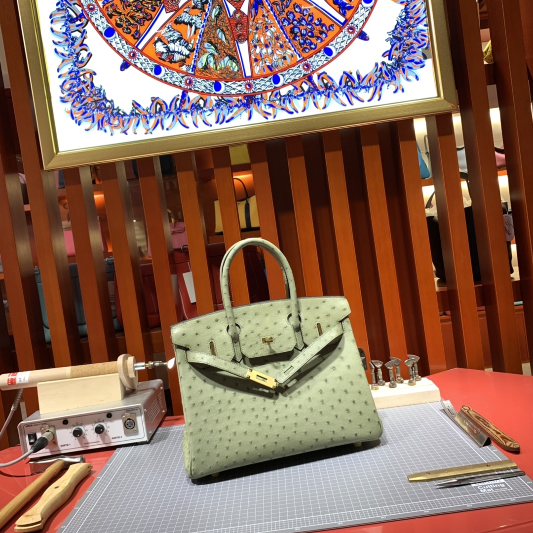 现货 Hermes Birkin30CM 爱马仕新到现货灰鼠绿南非鸵鸟皮铂金包 金扣