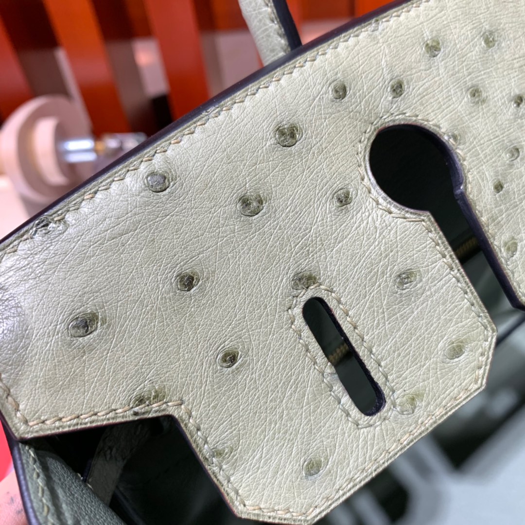 现货 Hermes Birkin30CM 爱马仕新到现货灰鼠绿南非鸵鸟皮铂金包 金扣