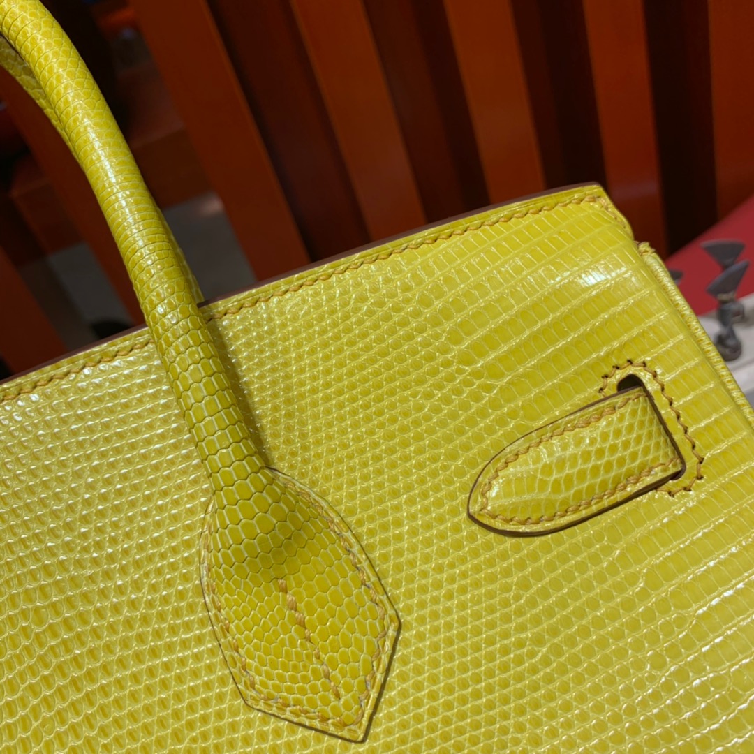 Hermes包包官网 爱马仕柠檬黄进口蜥蜴皮铂金包Birkin30CM 金扣