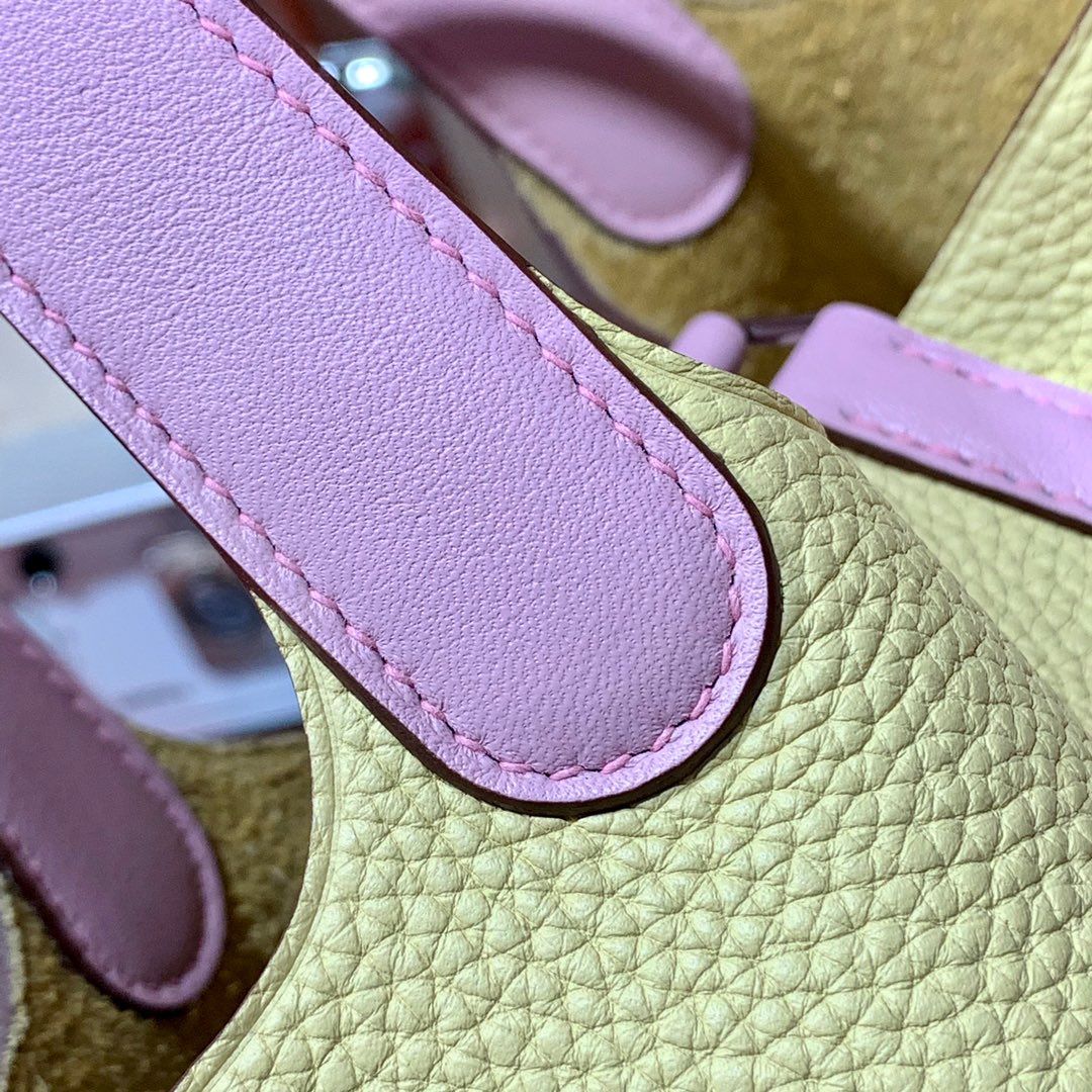 现货 Hermes Picotin18CM 爱马仕拼色菜篮子包 小鸡黄拼奶昔粉Togo皮 银扣