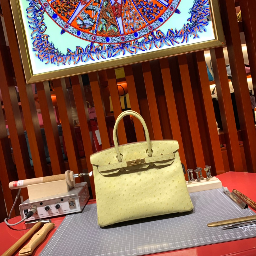 现货 爱马仕Birkin包包 Hermes鹅蛋黄南非鸵鸟皮Birkin30铂金包 金扣