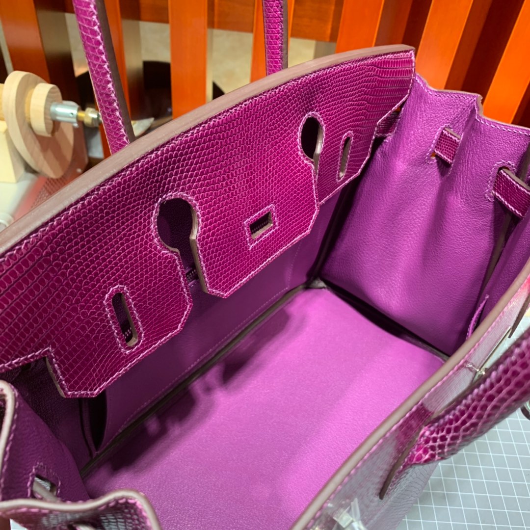 纯手工缝制 Hermes爱马仕玫紫色原厂蜥蜴皮铂金包Birkin30CM 银扣