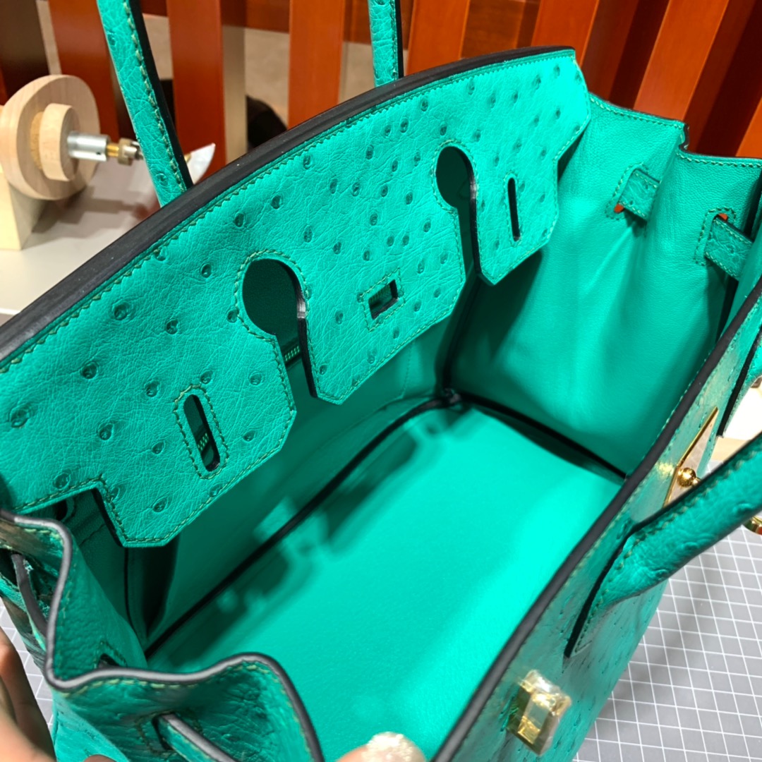 现货 爱马仕铂金包价格 Hermes Birkin30CM 薄荷绿南非鸵鸟皮铂金包 金扣