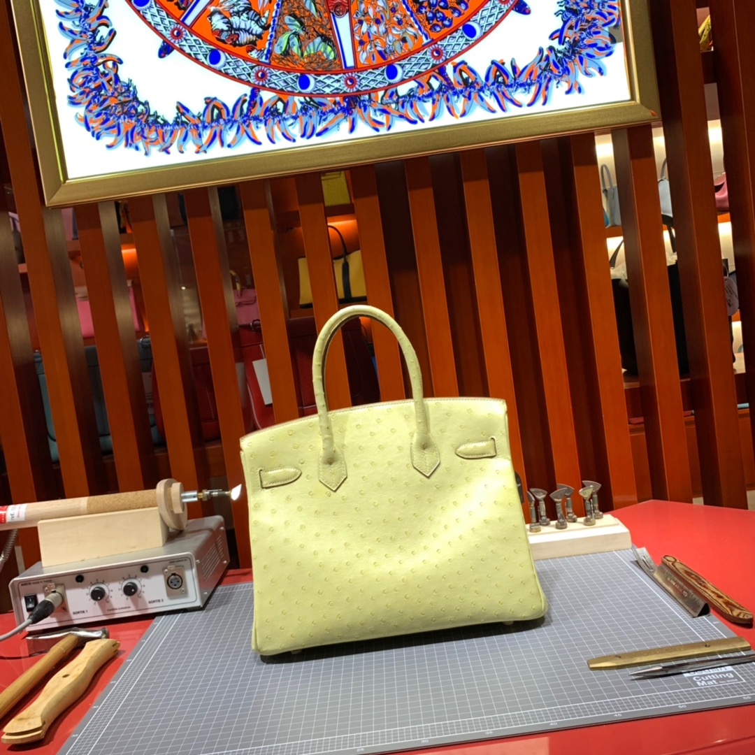 现货 爱马仕Birkin包包 Hermes鹅蛋黄南非鸵鸟皮Birkin30铂金包 金扣
