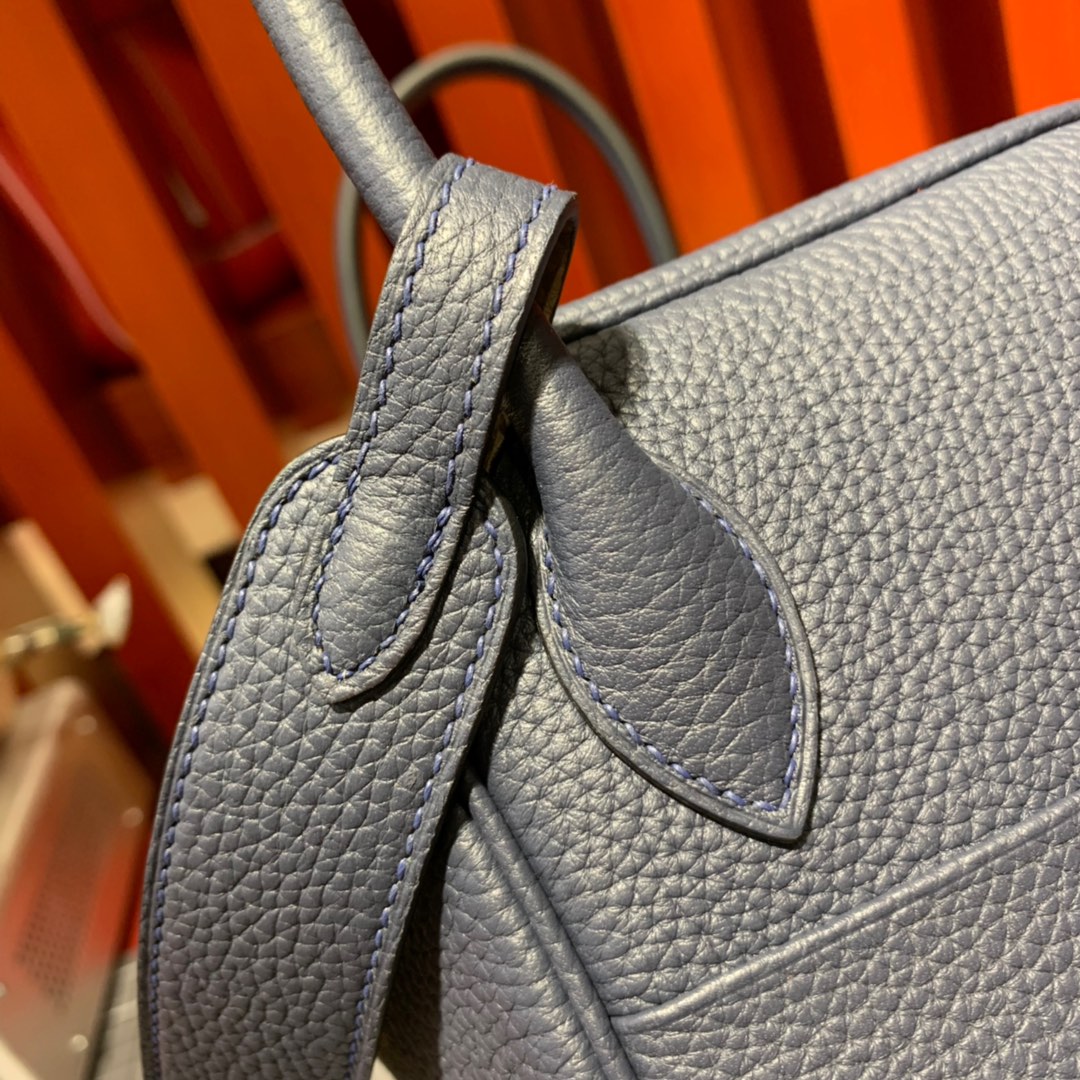 现货 Hermes Lindy30CM 爱马仕宝石蓝拼沥青灰Togo牛皮琳迪包 银扣