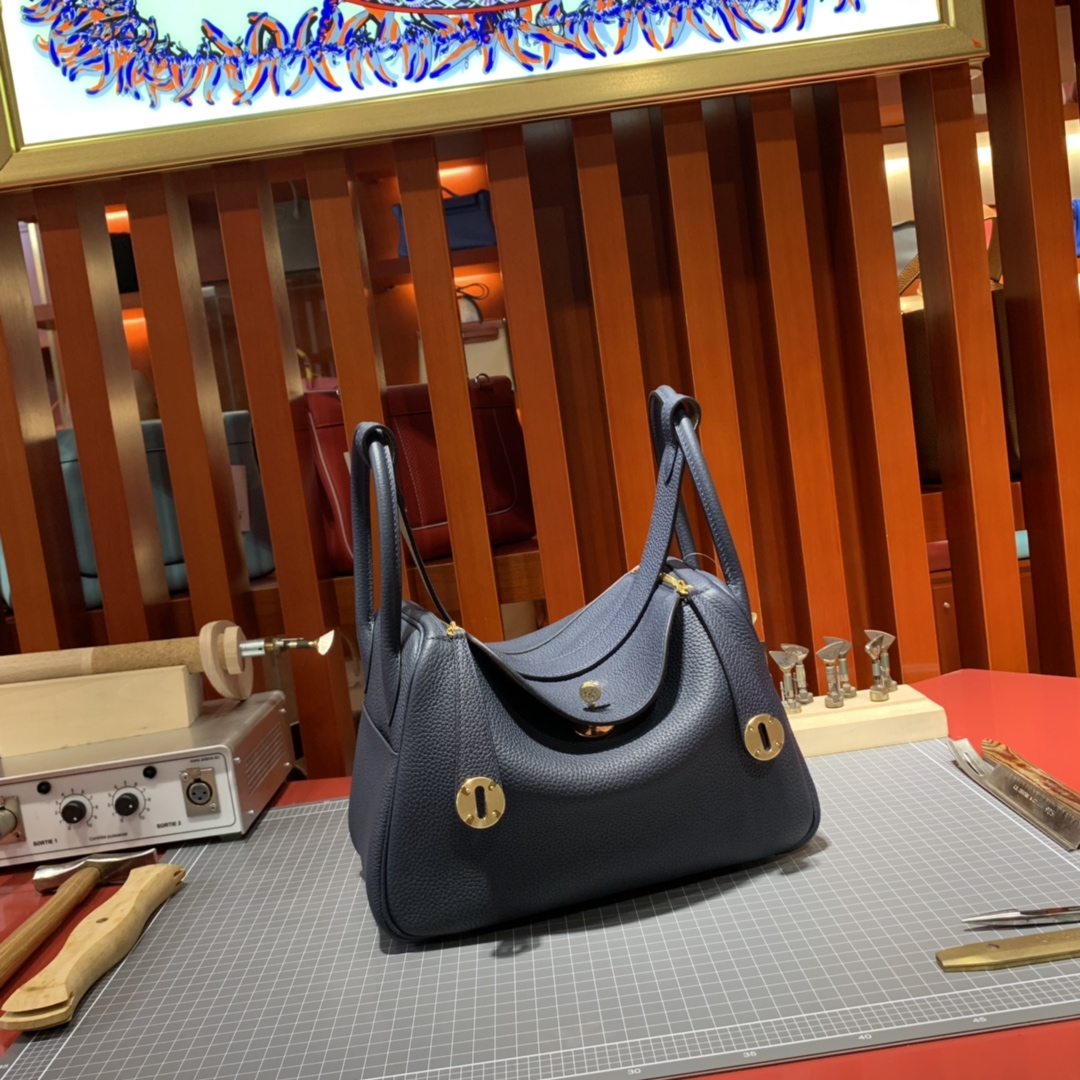 现货 爱马仕拼色琳迪包 Hermes Lindy30CM 宝石蓝拼沥青灰Togo牛皮 金扣