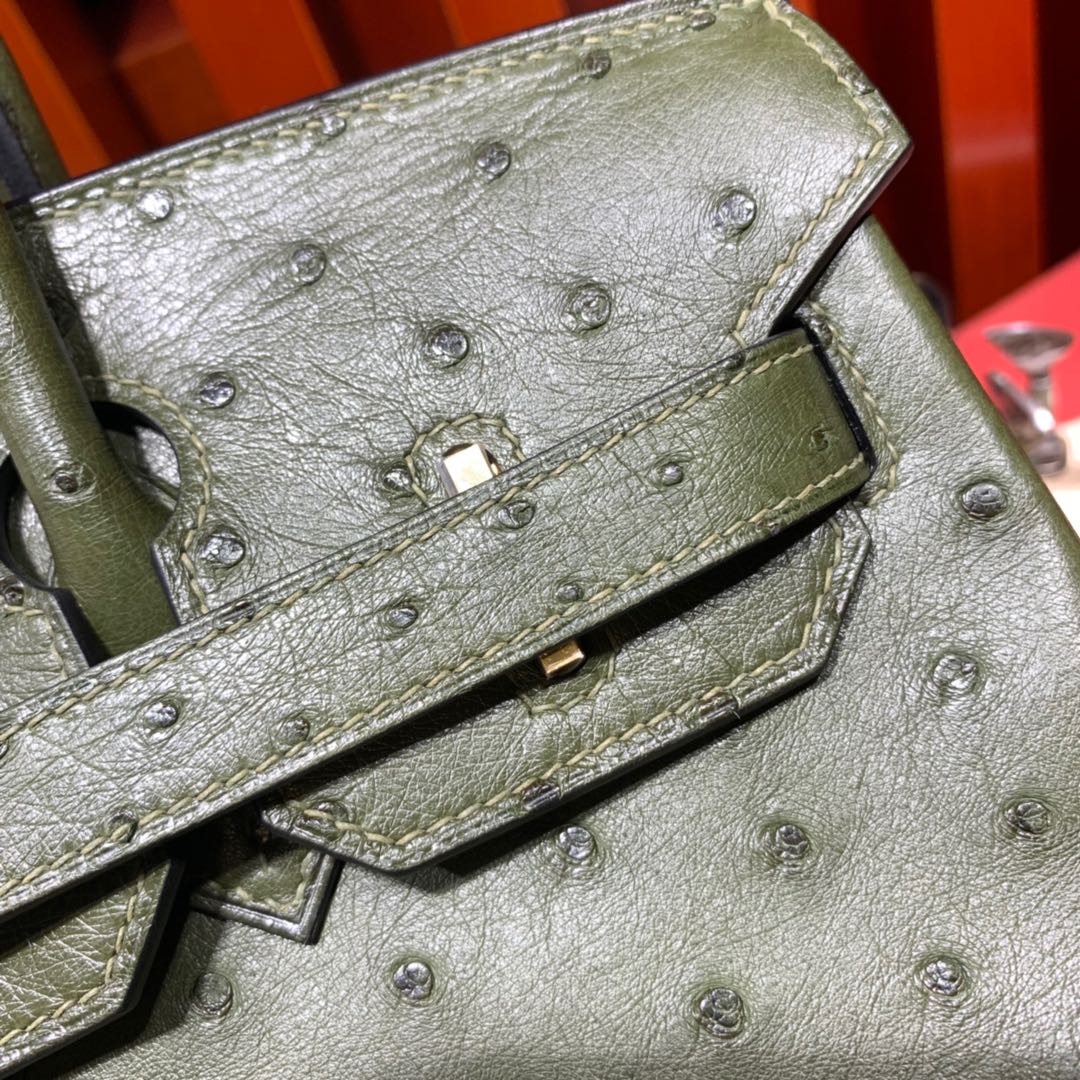 现货 Hermes女包定制 爱马仕丛林绿南非鸵鸟皮铂金包Birkin30CM 金扣