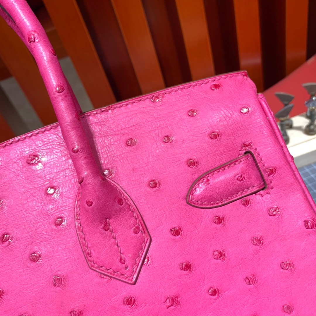 现货 Hermes新款女包 爱马仕桃红色南非鸵鸟皮手工缝制铂金包Birkin30CM 金扣