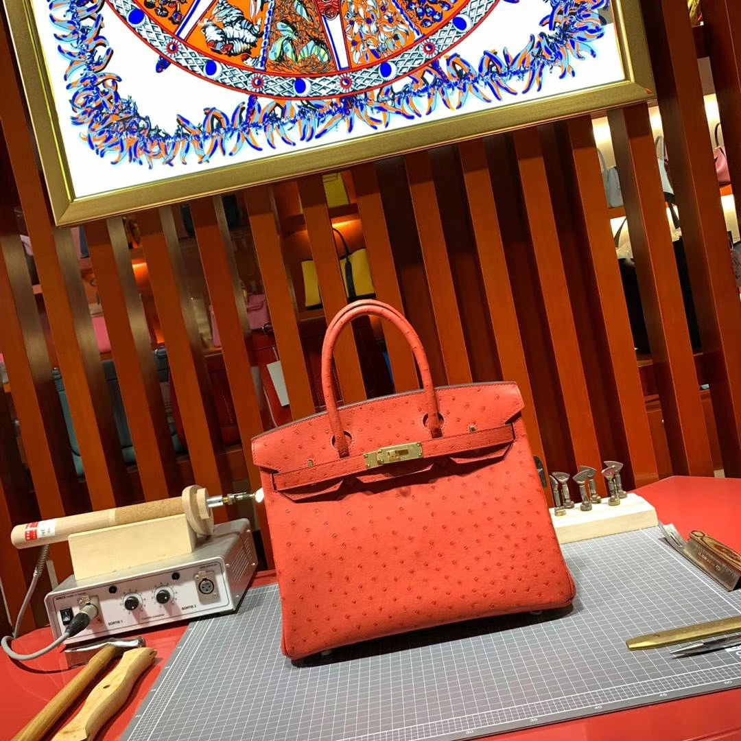 现货 Hermes Birkin30CM 爱马仕蕃茄红南非鸵鸟皮铂金包 金扣