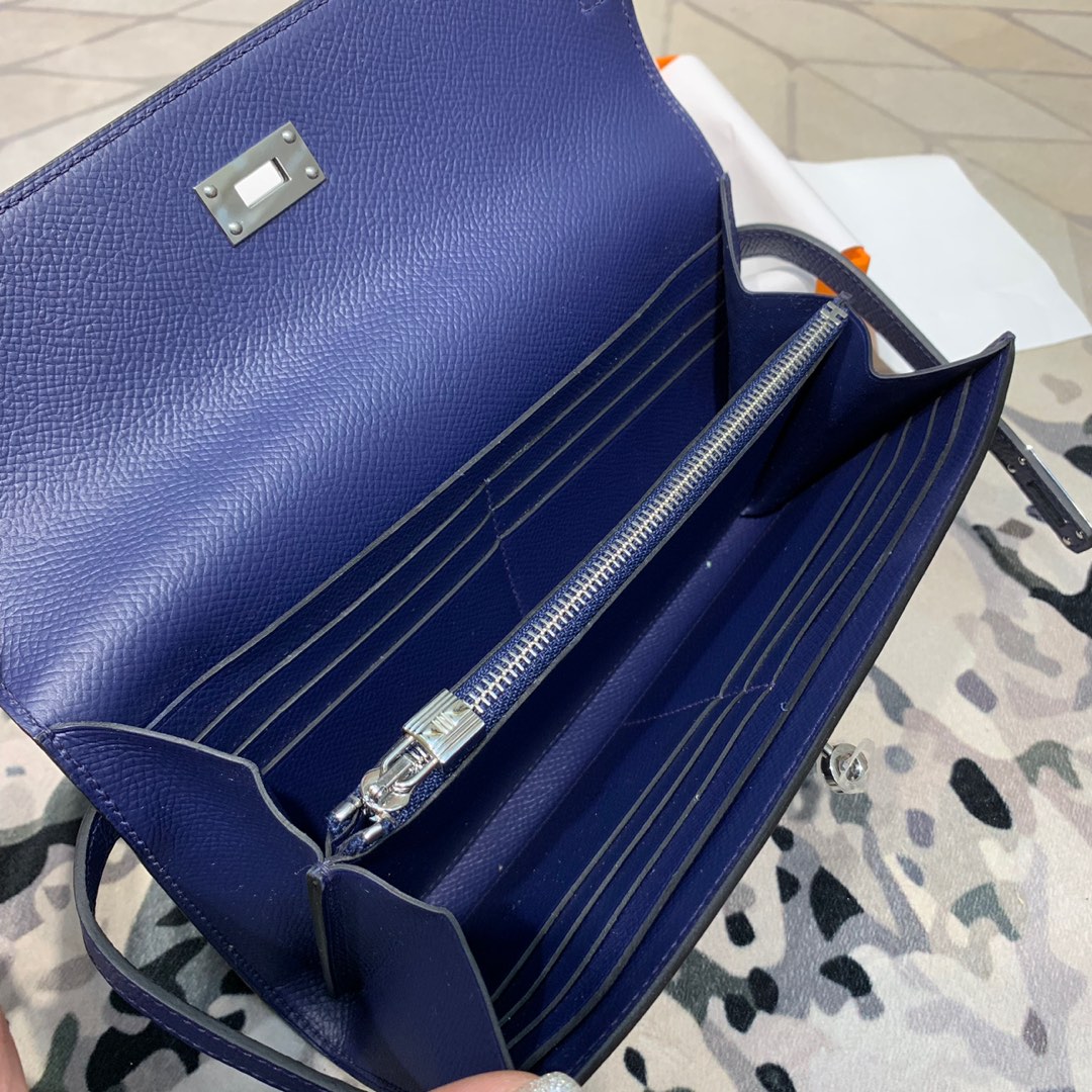 现货 爱马仕凯莉钱包手包 Hermes Kelly Wallet 75宝石蓝epsom牛皮 银扣
