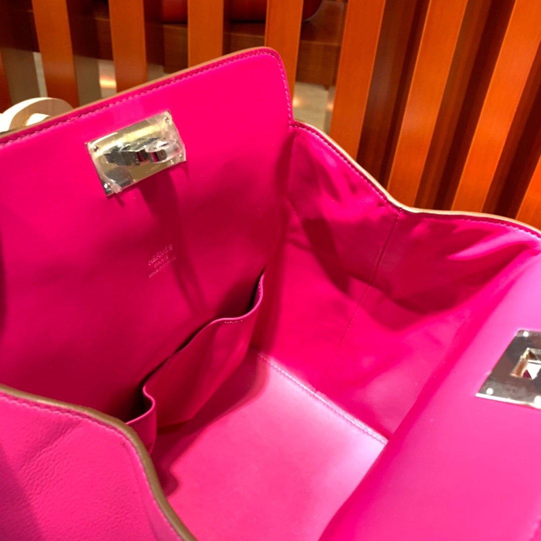 爱马仕手提包 Hermes Toolbox L3玫瑰紫Swift牛皮牛奶包20CM 银扣