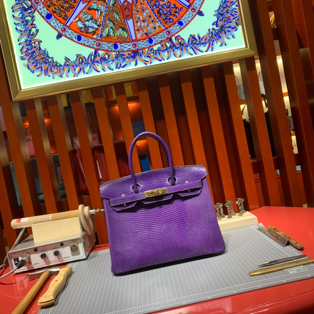 Hermes新款女包 爱马仕梦幻稀有蜥蜴皮铂金包Birkin30CM 金扣