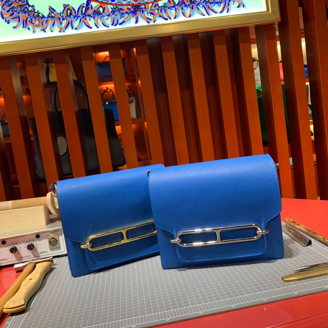 现货 Hermes Roulis24CM 爱马仕猪鼻子包 7Q希腊蓝原厂Evercolor牛皮 金银扣