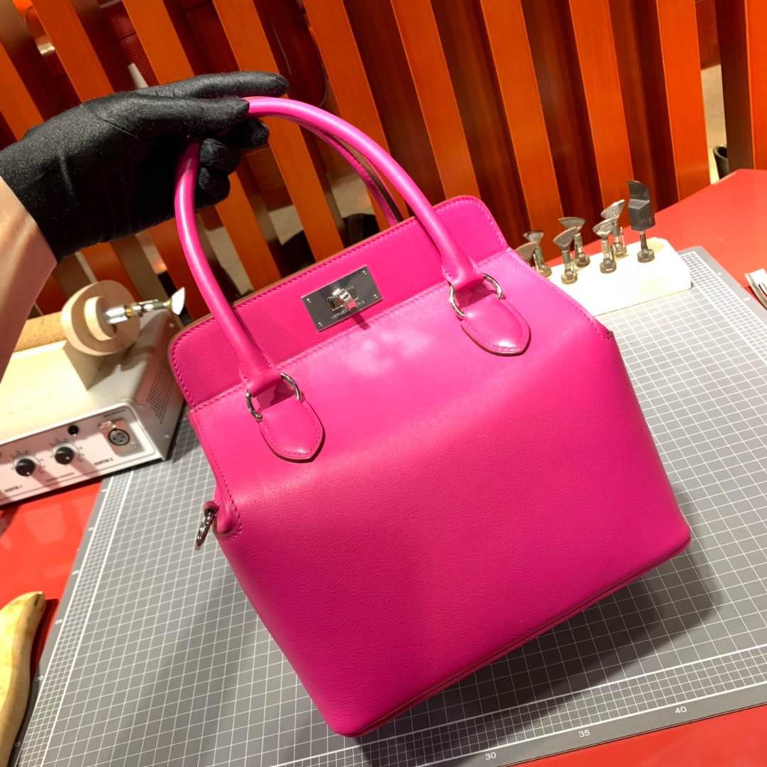 爱马仕手提包 Hermes Toolbox L3玫瑰紫Swift牛皮牛奶包20CM 银扣
