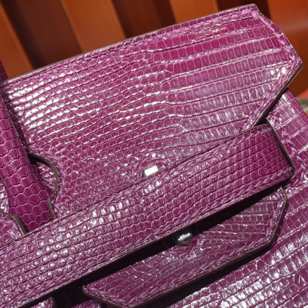 纯手工缝制 Hermes爱马仕玫紫色原厂蜥蜴皮铂金包Birkin30CM 银扣