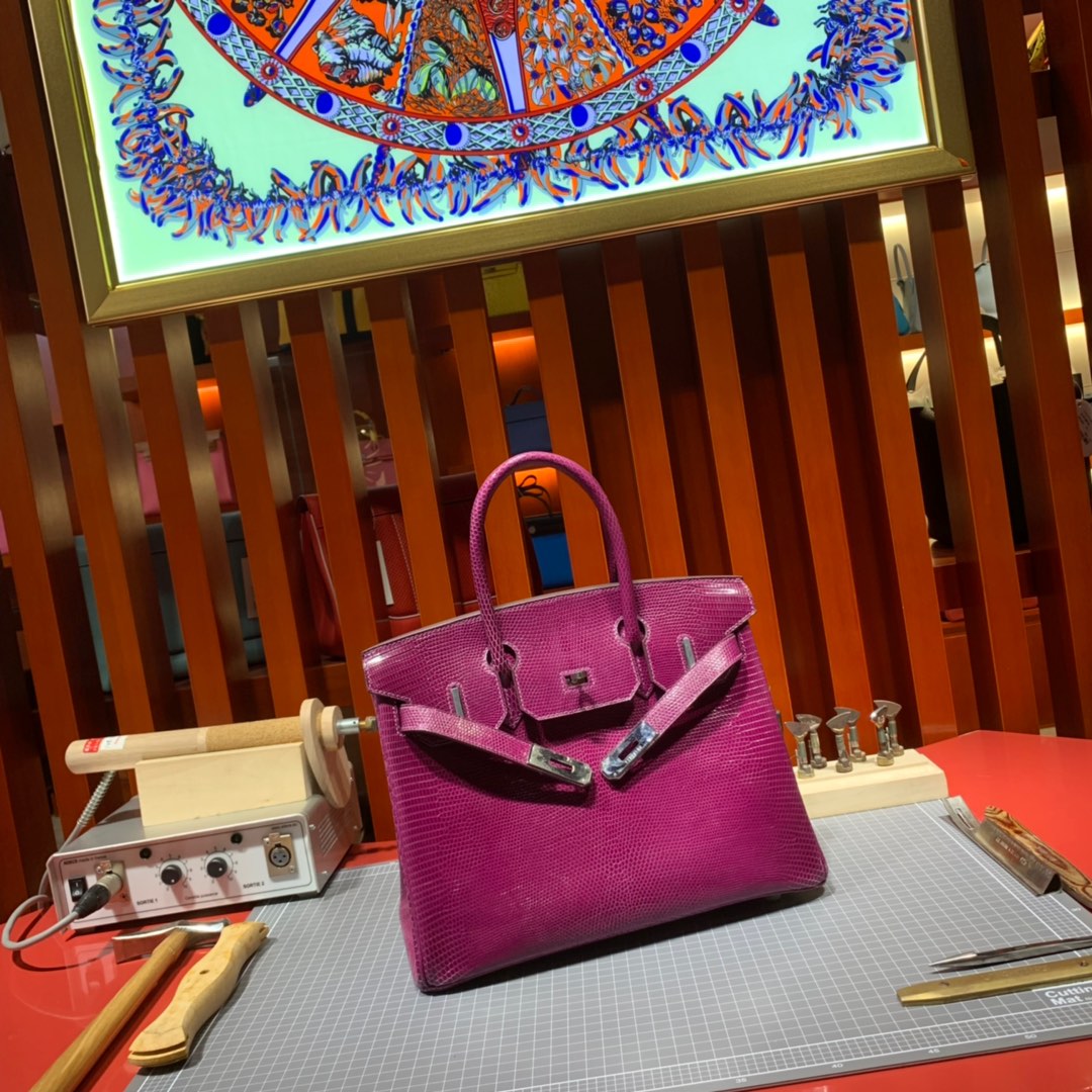 纯手工缝制 Hermes爱马仕玫紫色原厂蜥蜴皮铂金包Birkin30CM 银扣