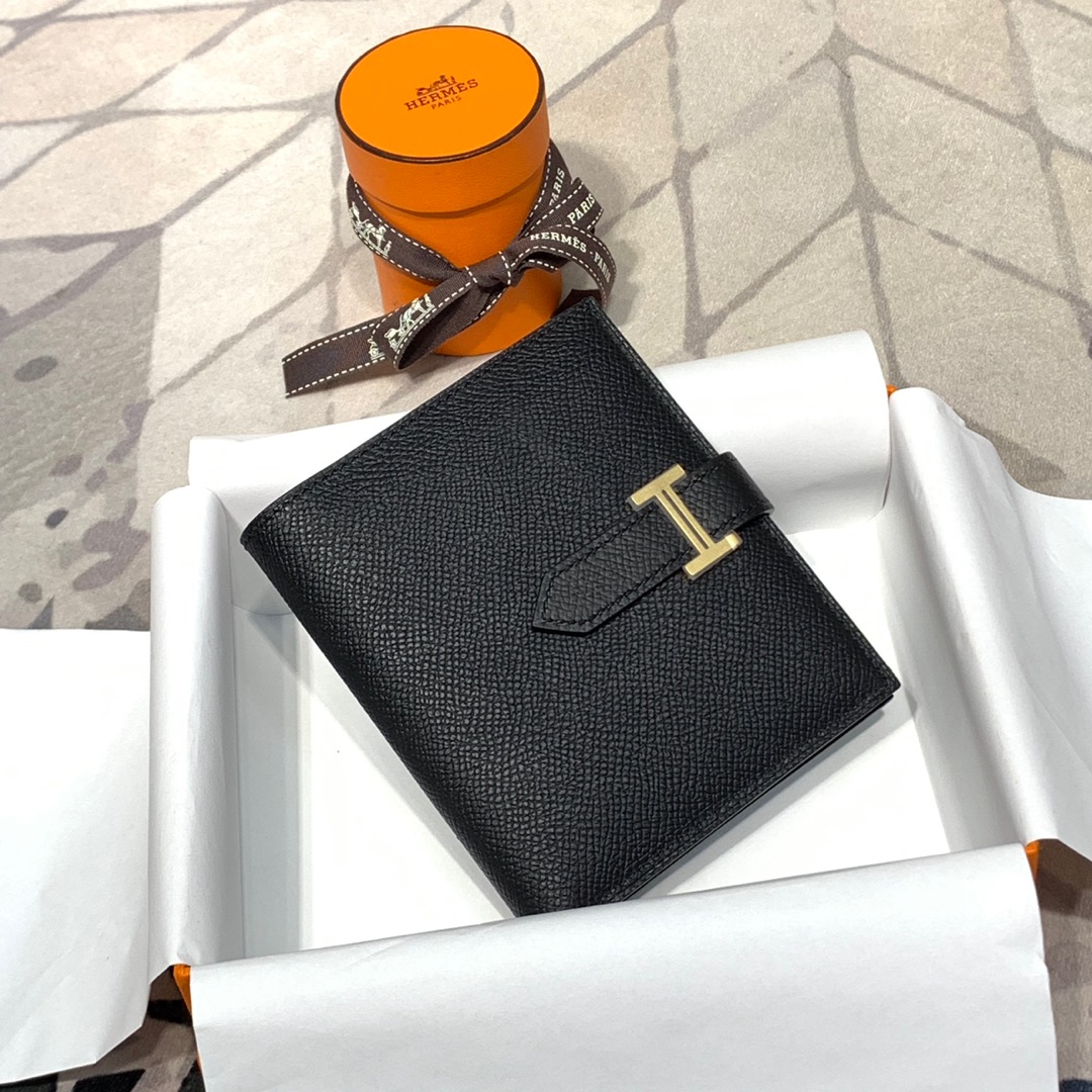 现货 爱马仕钱包价格 Hermes89黑色Epsom牛皮Bearn短款钱夹 金扣