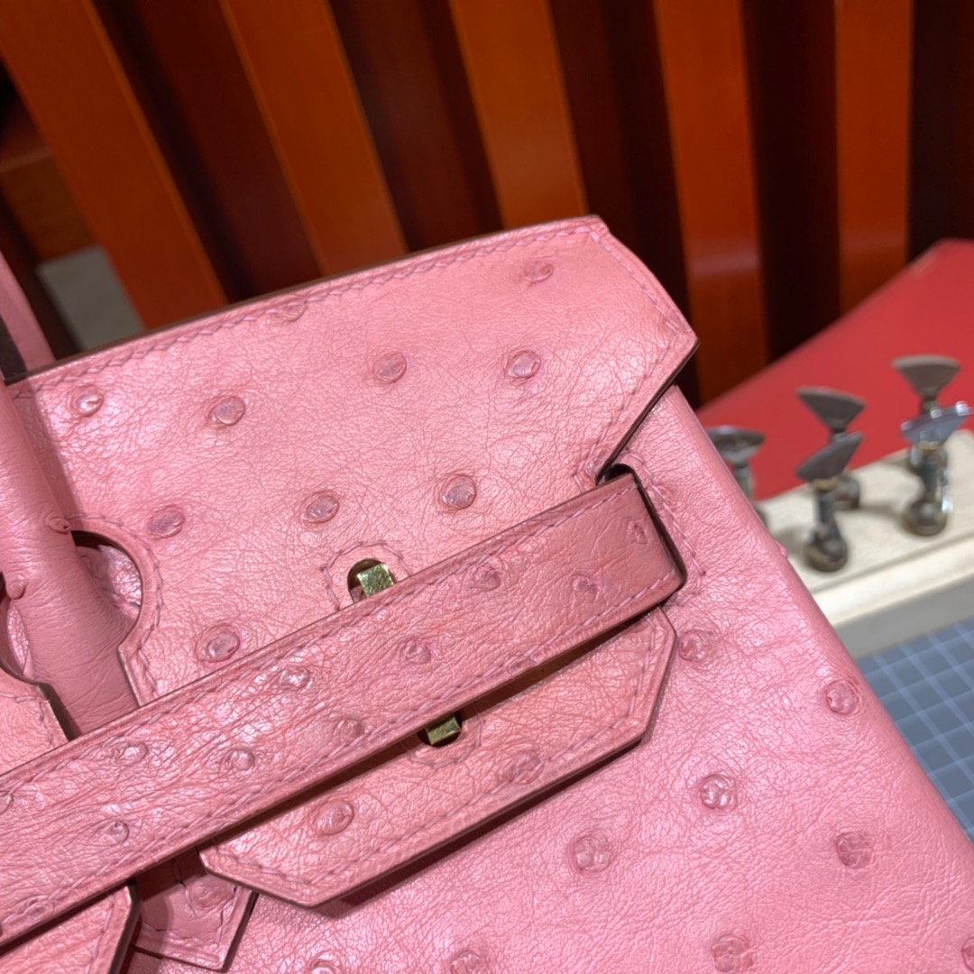 现货 Hermes Birkin30CM 爱马仕陶瓷粉南非鸵鸟皮铂金包 金扣